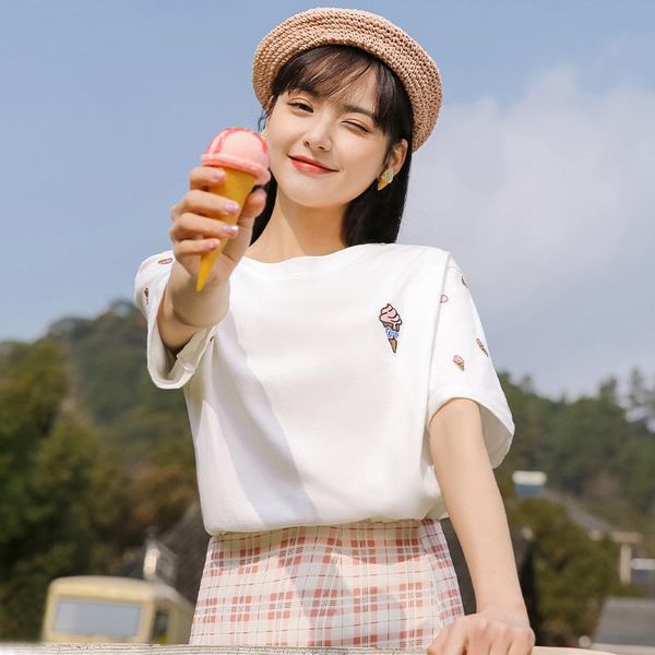 

women's t-shirt chic khaki 2021 summer embroidered ice short-sleeved loose all-match cotton white top