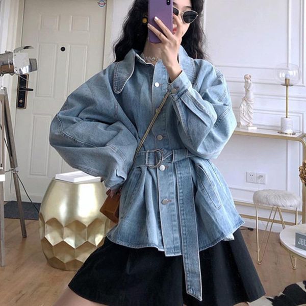 

women's jackets [ewq] 2021 autumn ladies vintage denim jacket loose korean belt wild single-breasted lapel long sleeve jean coat women, Black;brown