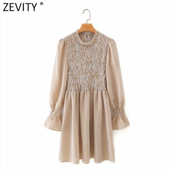 

zevity women vintage ruffles o neck plaid print elastic mini dress chic female puff sleeve casual slim vestido ds5011 210419, Black;gray