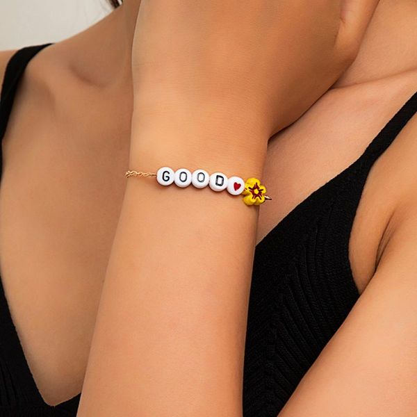

link, chain lacteo 5 style korean sweet acrylic letter beeds bangle bracelet simple minimalist rhinestone flower jewelry, Black