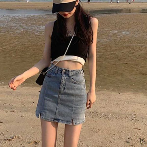 

fashion skirts 2021 summer korean leisure high waist split denim, Black