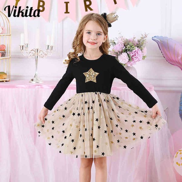 

kids autumn winter dresses for girls star sequins princess dress long sleeve party vestidos baby girl children clothing, Black;gray