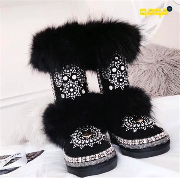 

scrub leather plus velvet thick fur snow boots female heavy work full handmade rhinestone, Black