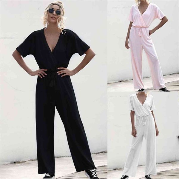 

short sleeve v neck women jumpsuits playsuit casual long wide leg pants trousers, Black;white