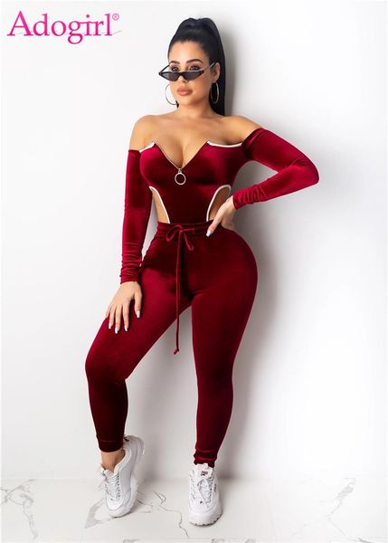 

women's two piece pants adogirl christmas velvet set women tracksuit zipper off shoulder long sleeve bodysuit + pencil fashion suits, White