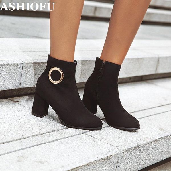 

boots ashiofu handmade women's chunky heels metal-rings deco party prom ankle booties evening club fashion short black