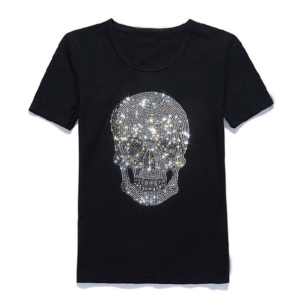 

women shinning skull drilling t-shirt black cotton short sleeve print t shirt tees 210708, White