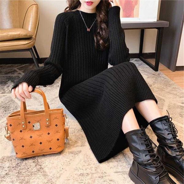 

casual dresses 2021 autumn knitted dress women vintage french style round neck long sleeve bottoming mid length over knee sweater, Black;gray