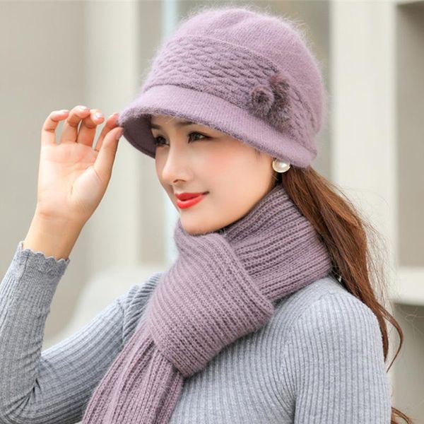 

beanies women winter hat keep warm cap add fur lined and scarf thick set for female casual knitted bucket