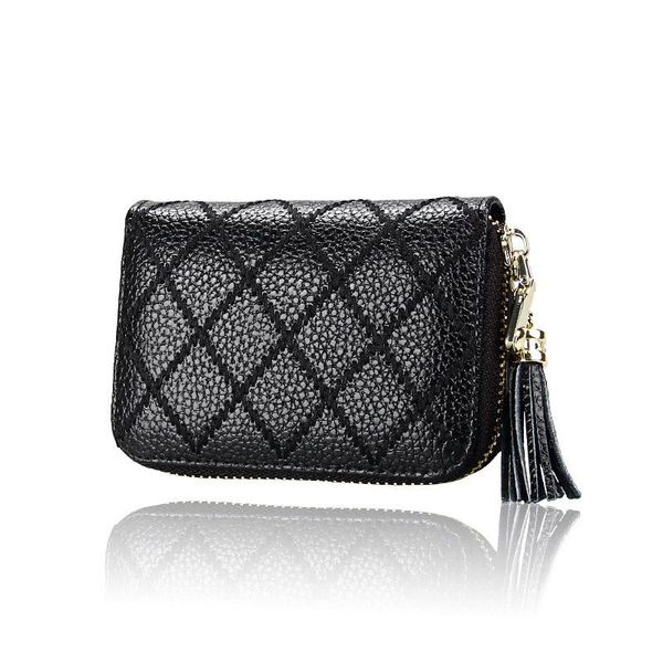 

fashion genuine leather bank card holder organ style case zipper wallet with tassel female money bag coin women holders, Brown;gray