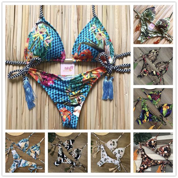 

2020 split women's printed swimsuit triangle bikini, White;black