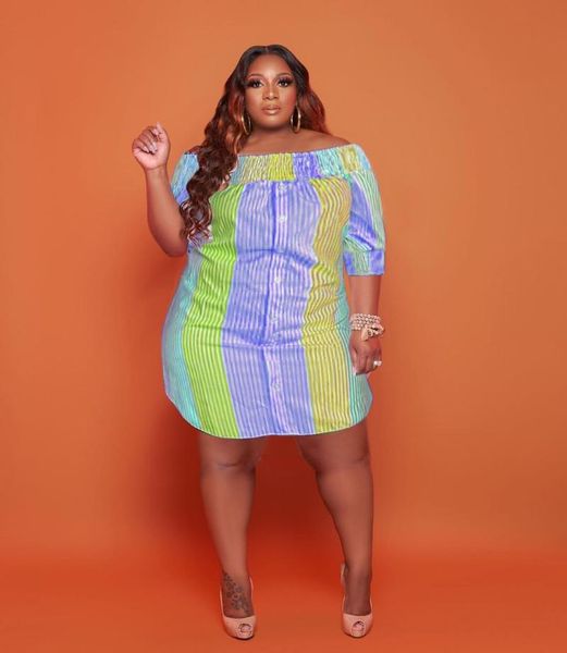 

skirts 2021 women's stripe printing short sleeve one neck fashion large loose irregular color mini dress, Black