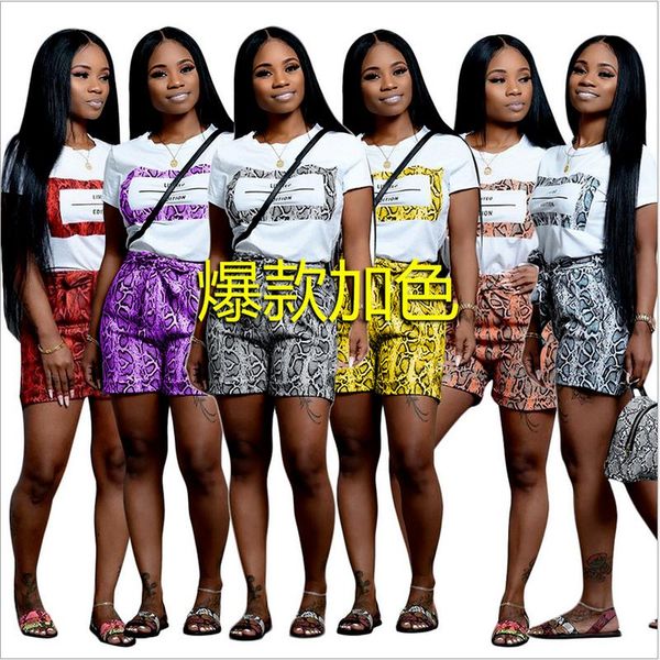 

women's tracksuits letter short sleeve tee with snakeskin shorts sets, Gray