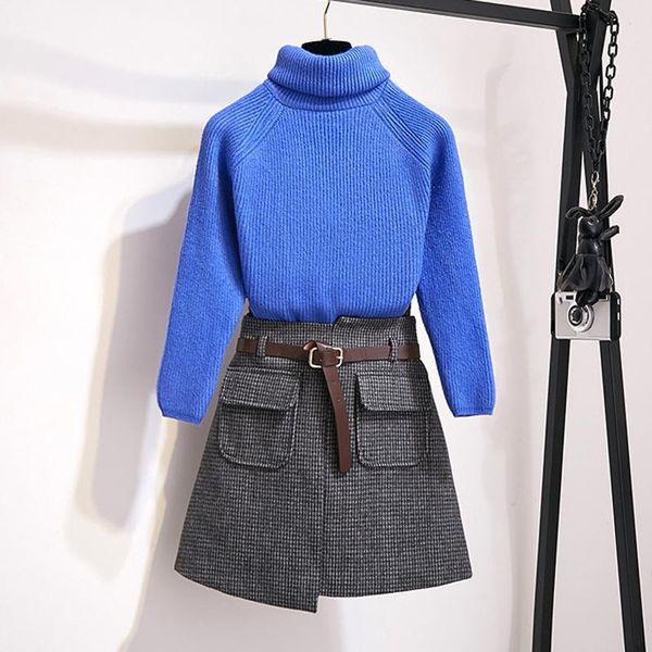 

two piece dress knitted turtleneck long sleeve jumper sweater and plaid woolen skirt 2 set women autumn high waist tweed suit, White