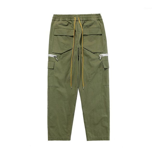 

men's pants 21ss men women vintage safari style cargo wash multiple pockets zipper drawstring trousers, Black