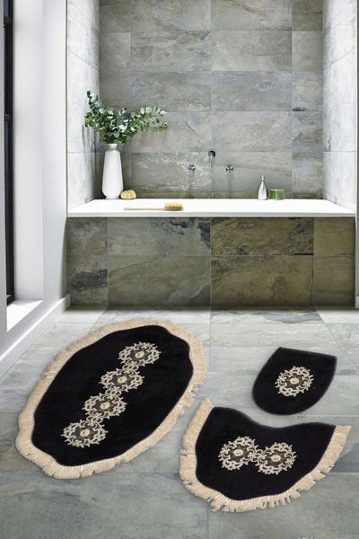

queen ivy shaped embroidered 3 pieces set black bath mats