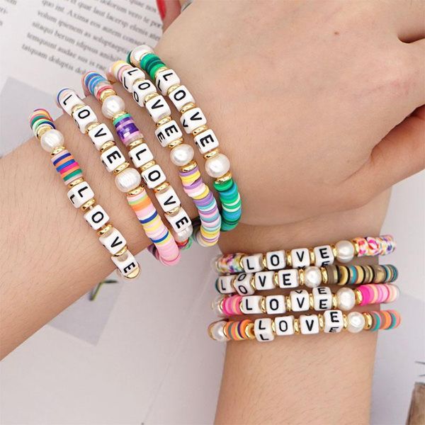 

beaded, strands 1pc colorful clay beads bracelets love letter elastic soft pottery handmade charm bohemian jewelry gift beach summer, Black