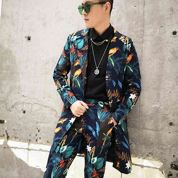 

men's suits & blazers 2pcs (jacket+pant) male long slim fit blazer men fashion casual flower sets nightclub stage show singer dj c, White;black