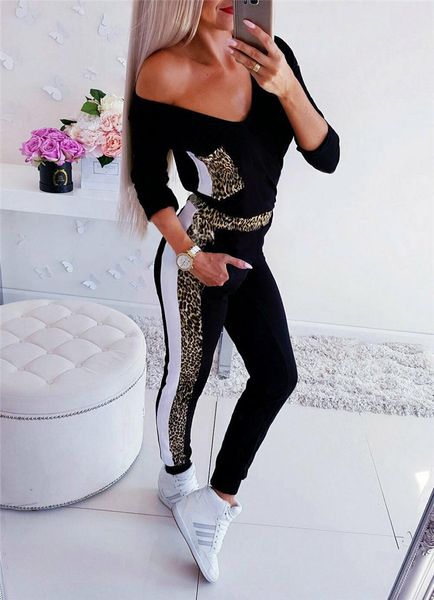 

women's jumpsuits & rompers womens v-neck leopard printed stretch bodysuit romper sport long sleeve playsuit bodycon jumpsuit trousers, Black;white