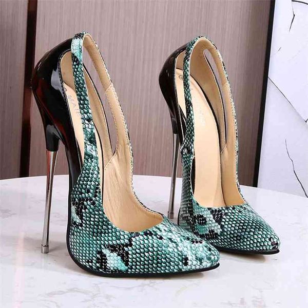 Schlangenmuster Nähte Schuhe Damen 16cm Heels Metall Stilleto High Heels Große Größe 46 Weibliche Schuhe Modell Grün Zapatos De Mujer 210408