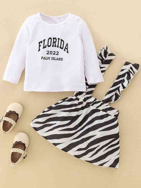 

baby letter graphic tee & zebra striped ruffle trim pinafore skirt she, White