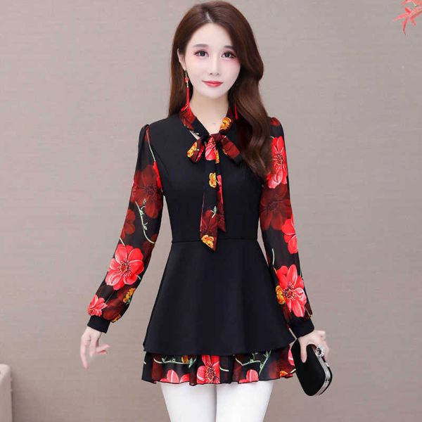 

women spring summer style blouses shirts lady casual long sleeve patchwork flower printed blusas df4026 210609, White