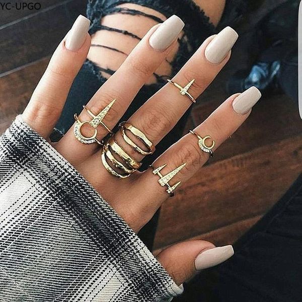 

cluster rings boho gold geometric midi ring set for women anillos vintage crystal moon triangle art wave knuckle female jewelry, Golden;silver