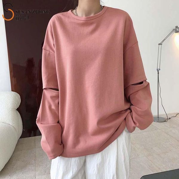 

women's hoodies & sweatshirts women sweatshirt female ladies pullover cozy athleisure fall spring cotton loose oversize o-neck spliced, Black