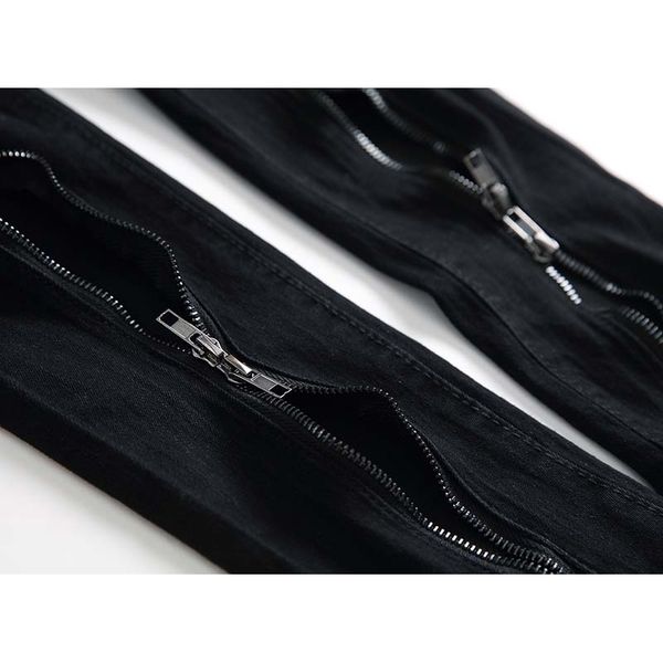 

new men slim casual runway biker jeans side zipper denim knees holes hiphop pants washed high quality, Blue