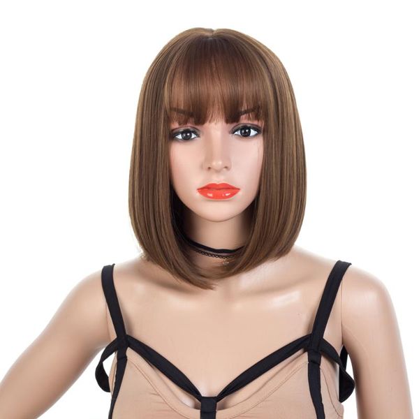 

synthetic wigs short bob with air bangs for women ombre brown to blonde heat resistant hair cosplay party, Black