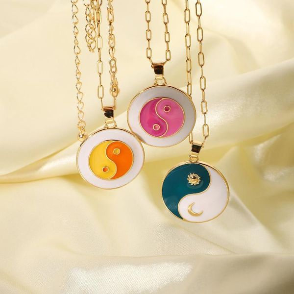 

chains ins vintage color tai chi yin yang round pendant necklace drop oil moon star coin alloy chain for women girl fashion jewelry, Silver