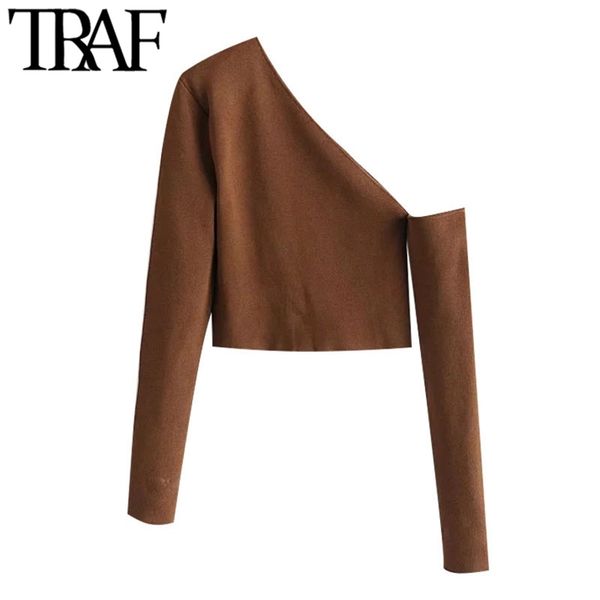 TRAF Moda Moda Corrida Cropped Crown Sweater Vintage Assimétrico Pescoço Manga Longa Fêmea Fêmea Chique Tops 210805