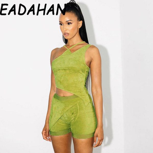 

women's tracksuits eadahan 2021 fashion summer solid color irregular stitching lace halter vest high waist slim shorts suit, Gray