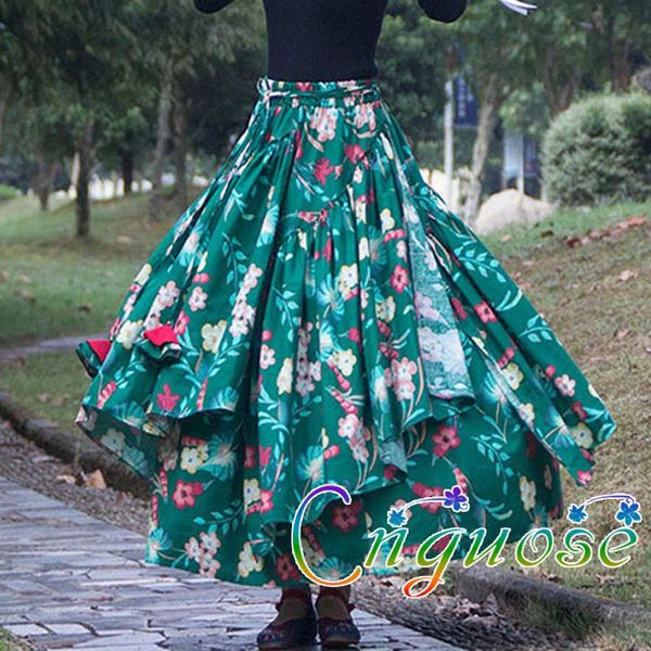 

cotton female casual farmhouse style green floral asymmetric pleated ladies woman long maxi skirt designs skirts womens, Black