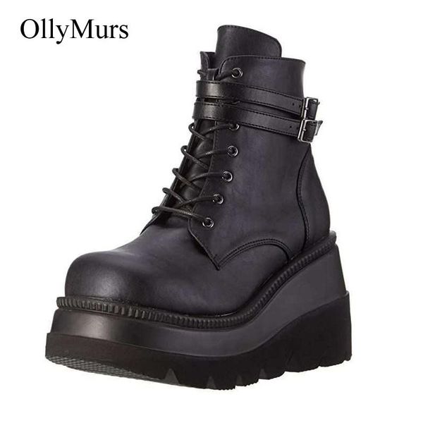 

boots winter fashion high platform leather wedges ankle women 2021 female punk style heels shoes for woma, Black