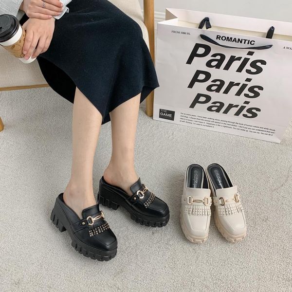 

sandals autumn baotou slippers women's outer wear thick-soled muller shoes british style slope with half-drag casual lazy, Black