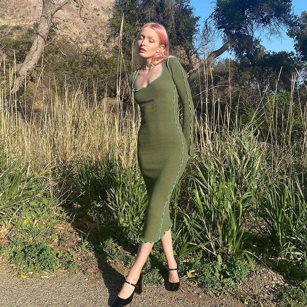 

casual dresses fairy grunge long sleeve bodycon midi dress green knitted sweater women vintage clothes fall 2021, Black;gray