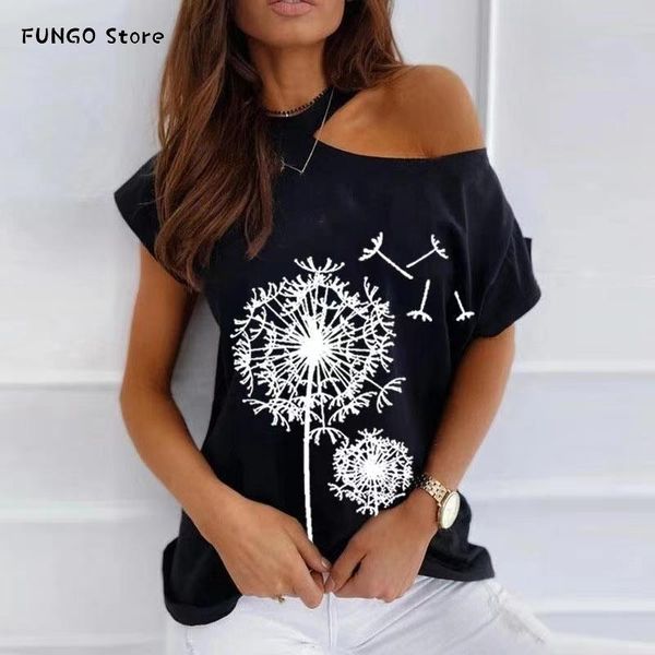 

women's t-shirt summer fashion off shoulders printed dandelion plus size casual loose s-5xl, White
