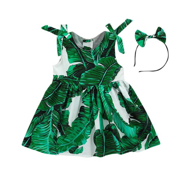 2PCS Kleinkind Baby Mädchen Kleid + Stirnband Grüne Blätter Gedruckt Kleider Für Mädchen Straps Party Strand Kleid Sommer Sommerkleid q0716