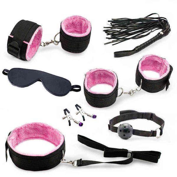 Nxy sm sexo adulto brinquedo Leopard 7 pçs conjunto sexy lingerie pu couro bdsm bondage mão algemas algemas chicote corda corda blindfold erótico brinquedos1220