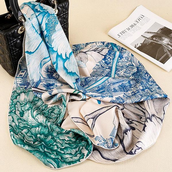 

scarves 100% silk scarf women printed design classic square 90*90cm handmade hemming elegant neckerchief fashion, Blue;gray