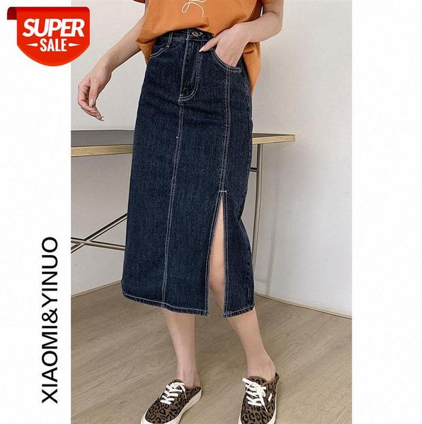 

[ou fan] 7921 denim skirt, high waist, thin, split a-line mid-length women #0z34, Black;gray