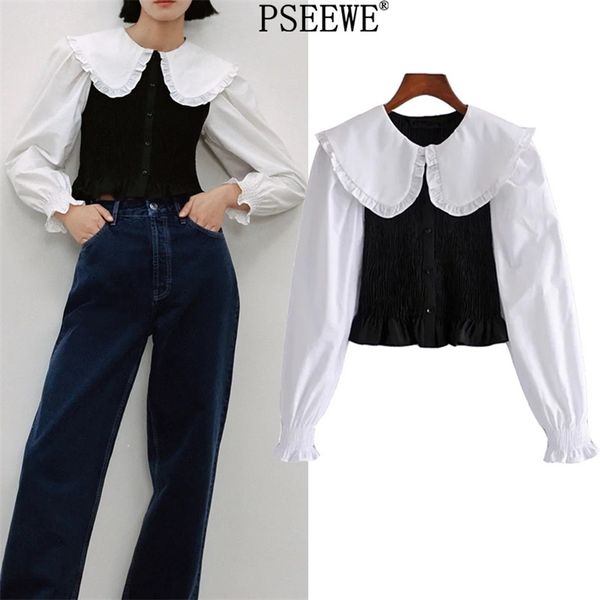 Patchwork Nero Bianco Donna Camicie Ruffle Cute Manica lunga Crop Top Donna Colletto Peter Pan Chic Donna Camicetta 210519