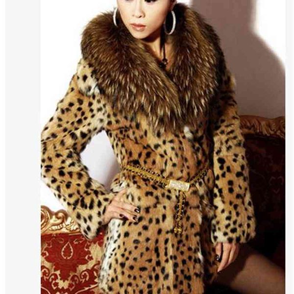 

women's wool & blends s/9xl womens leopard print faux fur coat women casual raccoon collar fashion man-made long jacket plus size overc, Black