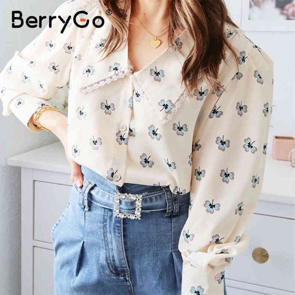 

berrygo floral print blouse shirt women casual long sleeve vintage female v-neck streetwear office ladies 210513, White