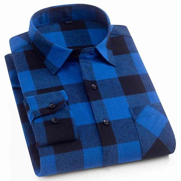 Moda masculina 100% algodão escovado flanela camisas Única manga comprida Slim-Fit Softful Soft Checkered Camisa Checkered 210410