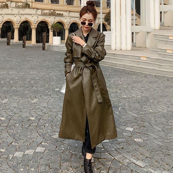 

women's trench coats army green windbreaker spring autumn long loose pu leather luster jacket straight barrel ladies cloak, Tan;black
