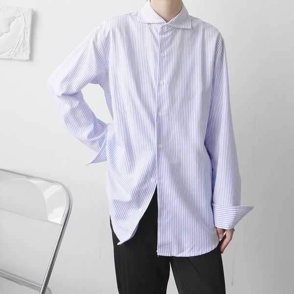 

men's casual shirts niche collar loose long sleeve striped shirt korean style office fashion youth trend top, White;black