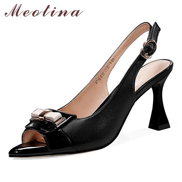

dress shoes meotina high heels women natural genuine leather kitten heel slingbacks real buckle peep toe pumps lady, Black