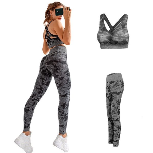 

tracksuits ladies sports suit seamless camouflage underwear women's high elastic hip lifting fitness pants bra, Gray